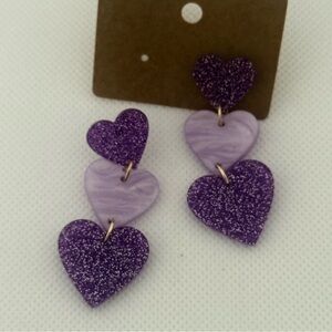 Purple Acrylic Heart Drop Earrings – Glitter & Marble Mix – NWT